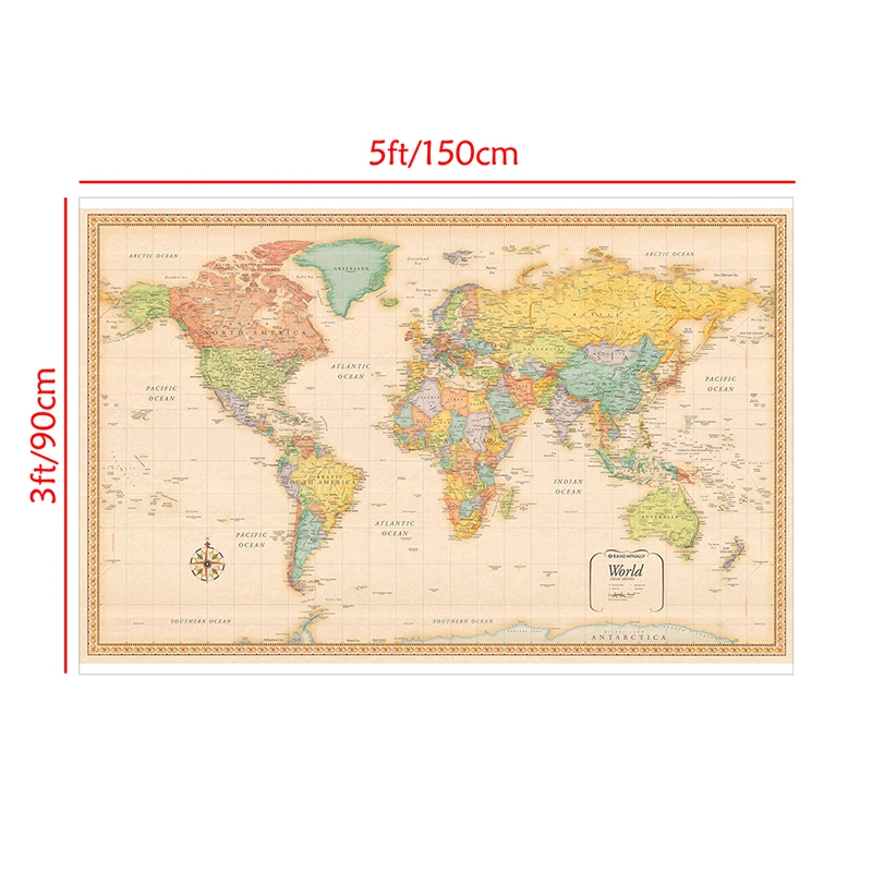 150*90cm The World Political Map Classic Vintage Non-woven Canvas Painting Wall Art Poster for Home Decor School Supplies
