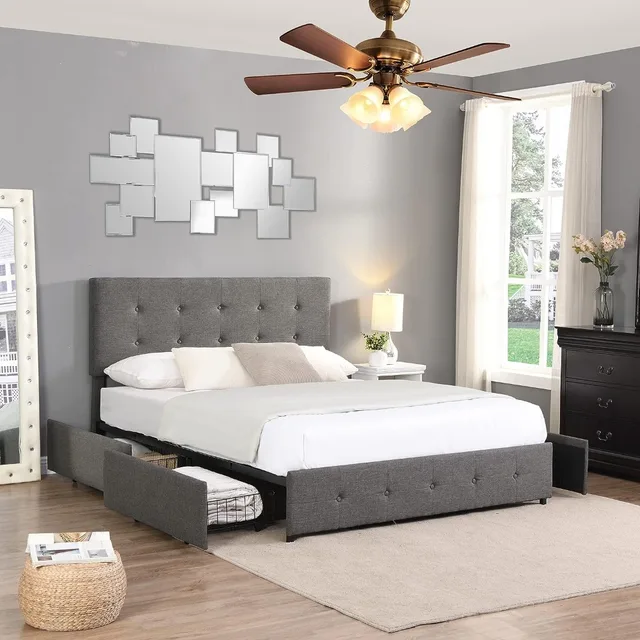 Stylish and Comfortable: Upholstered Bed Frame Full Size with 4 Storage Drawers and Button Tufted Headboard, Comfort Adjustable Mattress Height