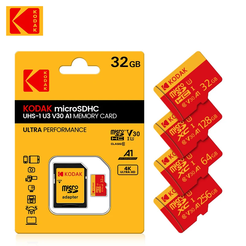 코닥 고속 필름 ? ? 마이크로 SD 카드 U3 클래스 10, 최대 100MB/s, 어댑터 포함 TF 메모리 카드 - 32GB, 64GB, 128GB 용량으로 제공