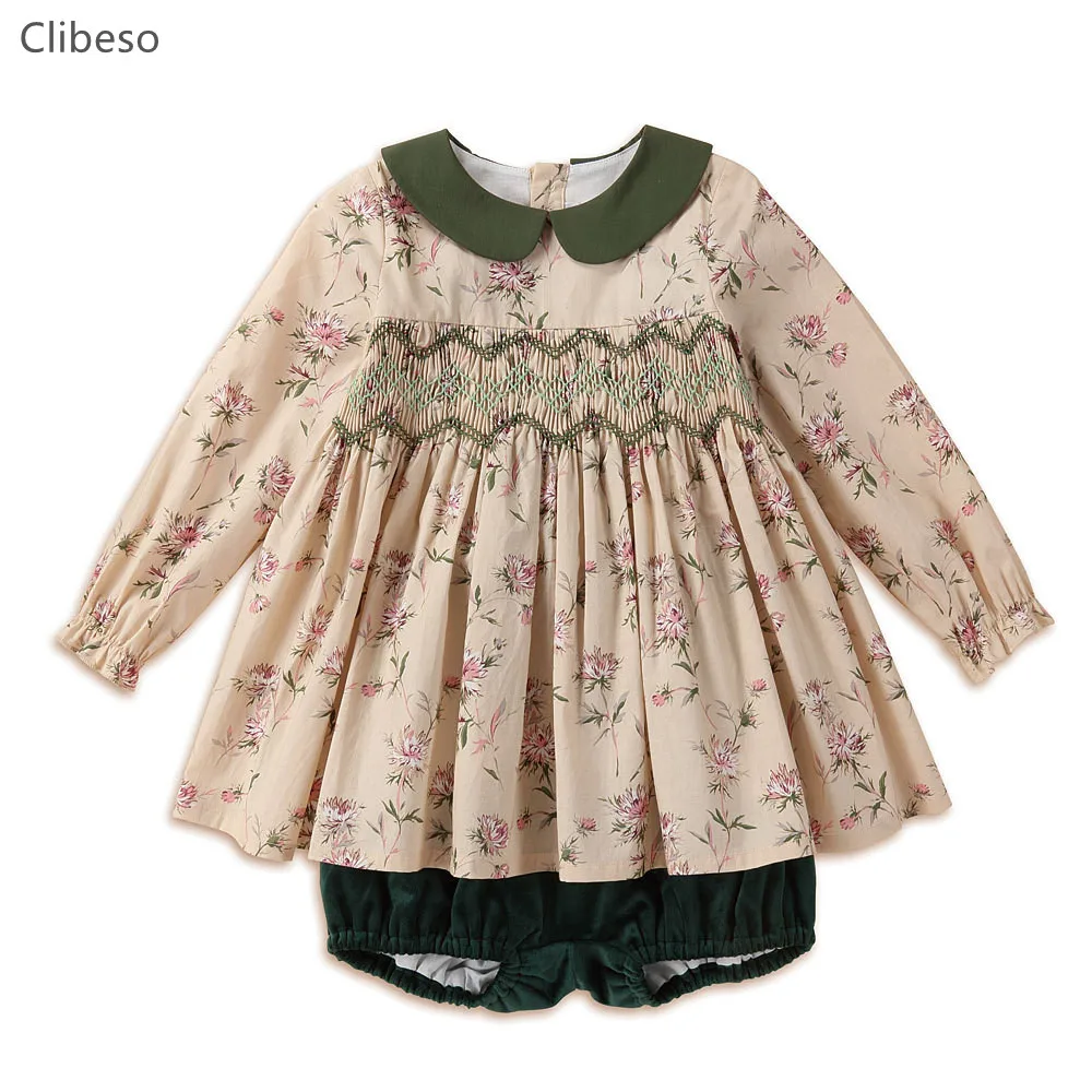 

Baby Girl Hand Made Smocked Floral Dress Peter Pan Collar Children Smocking Embroidery Spanish Dresses Toddler Vintage Frocks