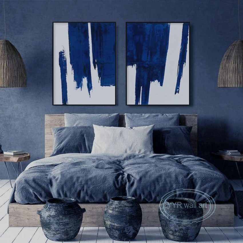 

Simple Abstract Handmade Oil Painting Blue White Art Wall Decor Hanging Picture Acrylic Canvas Frameless Modern Mural for Room