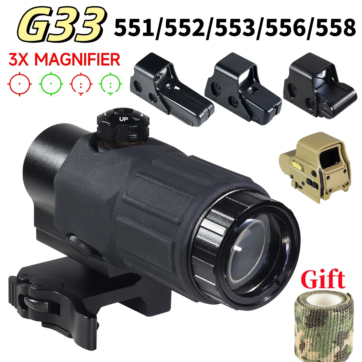 Red dot sight tactical magnifier scope rifle scope Tactical G33 3X Magnifier Sight Scope Folding Side Flip for 558 556 553 Holographic Reflex Red Dot Sights Airsoft Shooting Sight