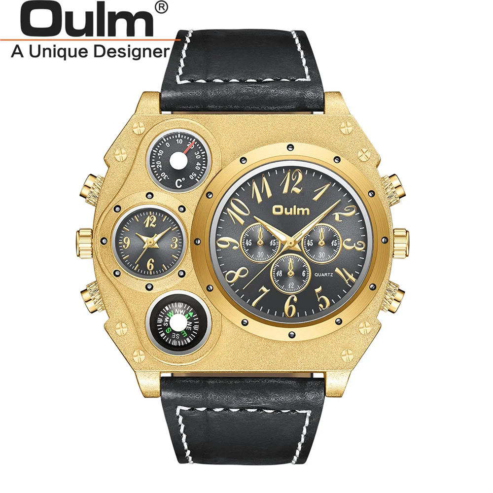 

Oulm 1349 Big Size Luxury Brand Watch Military Two Time Zone Wristwatch Men's Quartz Sport Leather Strap Watches