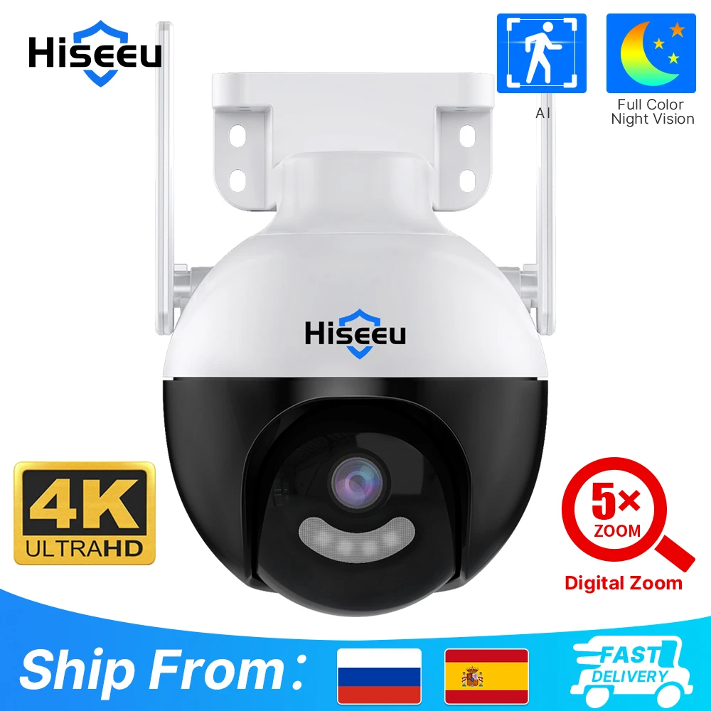  Hiseeu 4K 8MP WiFi PTZ IP Camera 5xZoom Human Detection Video Surveillance Outdoor Color Night Vision Security Protection Camera