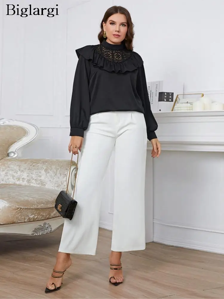 

Plus Size Autumn Tops Women Lace Patchwork Ruffle Elegant Ladies Blouses Casual Fashion Woman Tops 2023