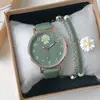 Harajuku Style Daisy Children's Watch Simple Quartz Leather Green Pink Watches for Girls with Bracelet Watch Box Gift Reloj 1