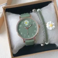 Harajuku Style Daisy Children's Watch Simple Quartz Leather Green Pink Watches for Girls with Bracelet Watch Box Gift Reloj 1