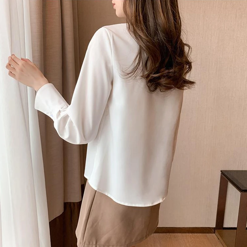 Spring Autumn Polo-neck Bow Elegant Fashion Shirt Female Long Sleeve All-match Cardigan Top Women Temperament Bottoming Blouse