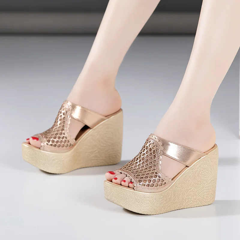 YeddaMavis Gold Slippers 11CM High Heel Sandals For Women Sandals New Summer Peep Toe Lace Mesh Wedge Heels Sandal Women Shoes