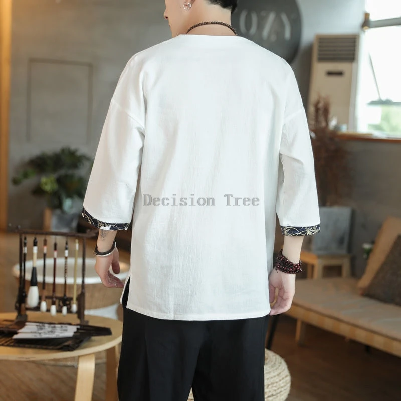 Cotton T-shirt Martial Arts Uniforms Men V-neck Kungfu Top Chinese Style Embroidery Patchwork