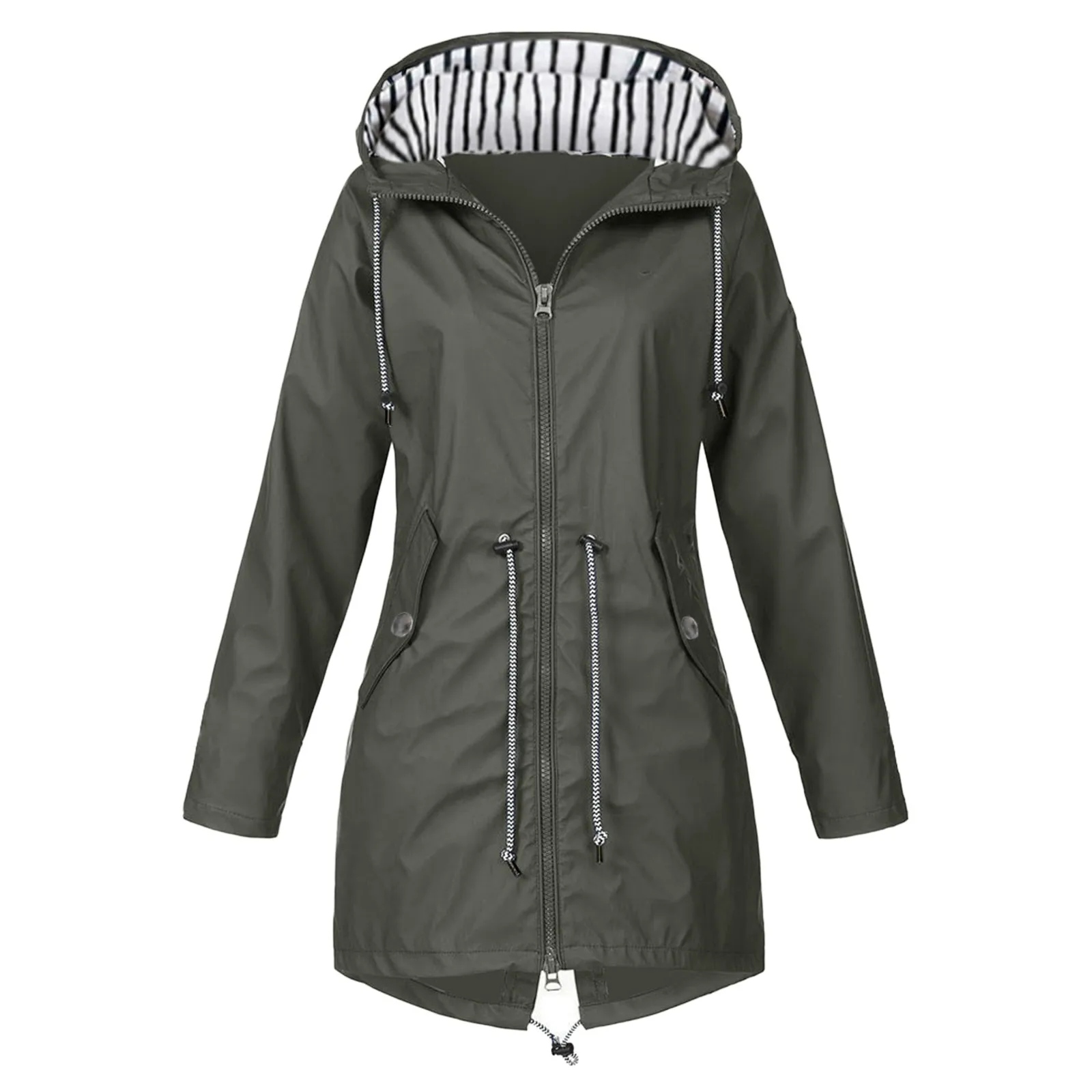 Womens Waterproof Raincoat Casual Fashion Basic Outdoors Trench Classic Zipper Long Windbreaker Outdoor Climbing Hooded Tops