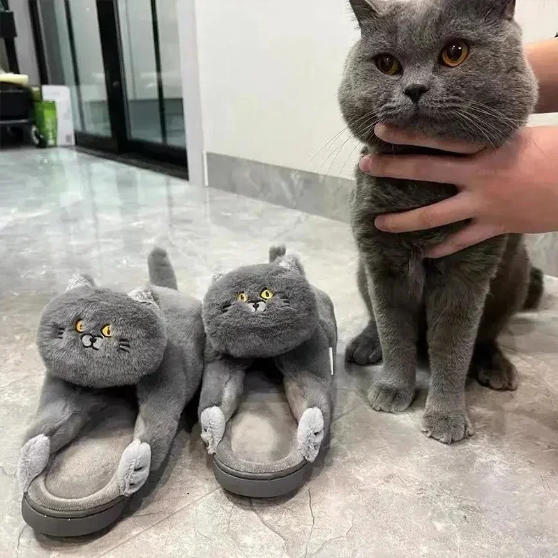 

Funny Cat Slippers Unisex Women Fluffy Slides Flats Anti-slip Home Fur Slippers Shoes WomanMen Memory Foam Slipper 2023