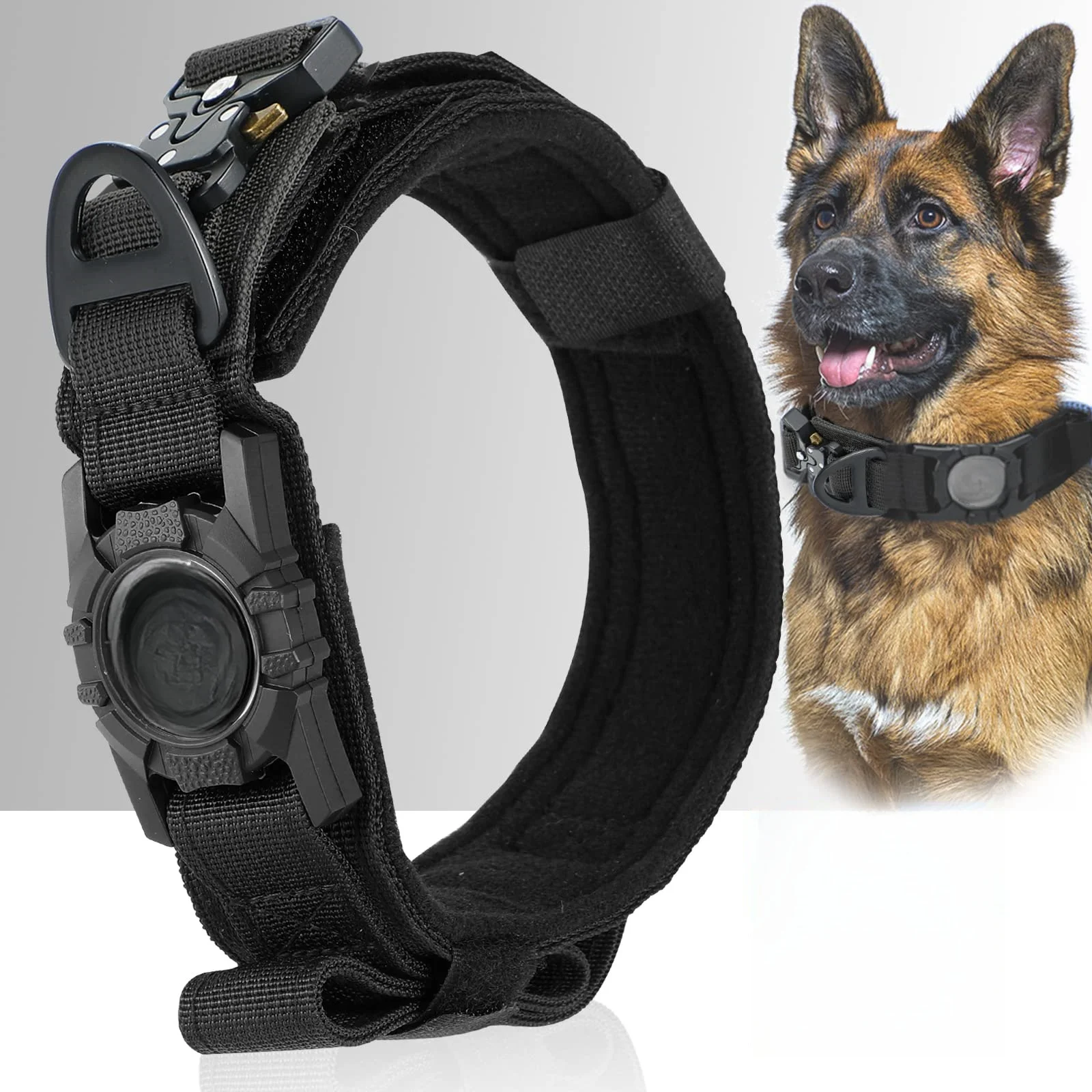 Tactical Dog Collar with Metal Buckle and AirTag Holder - Adjustable GPS Collar