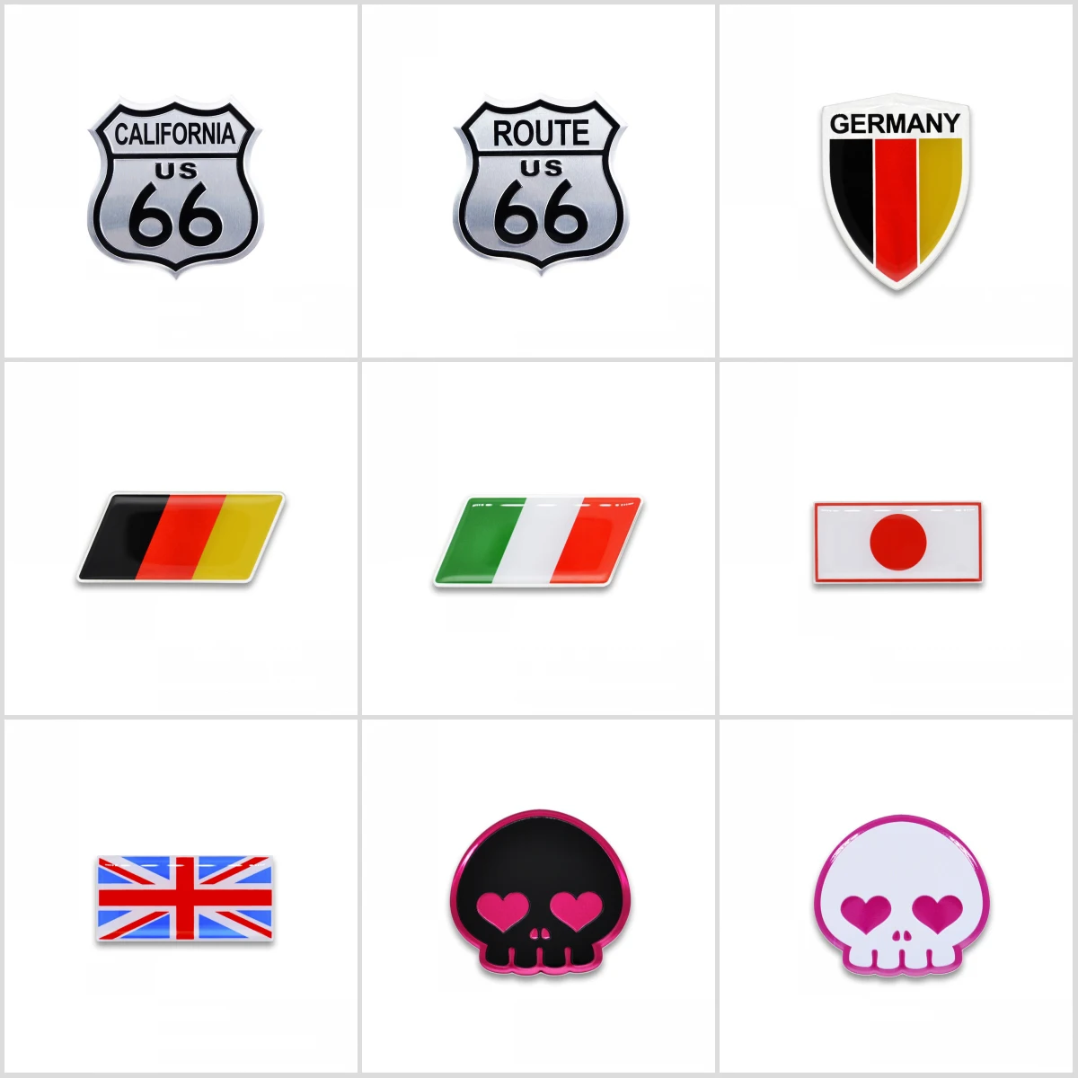

Aluminium Car emblem Badge 3D Car Sticker Car Styling Japan flag German flag Route 66 Skull e46 e90 f10 e60 f30 golf 4.5.6.7.8
