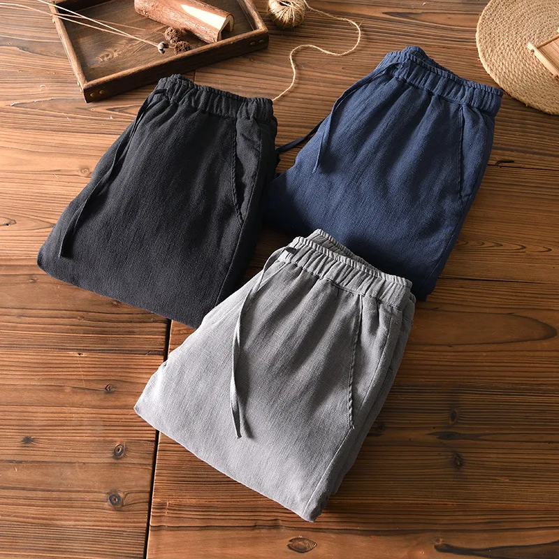 Cotton Linen Men Comfortable Thicken Pants Winter Cozy Fashion Elastic Waist Retro Loose Casual Warm Fleece Ramie Padded Trouser 5