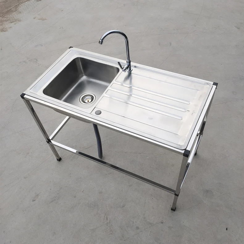 Kitchen Stainless Steel Sink with Bracket Mobile Simple Scullery Washing Vegetables Basin with Platform Integrated Vegetable