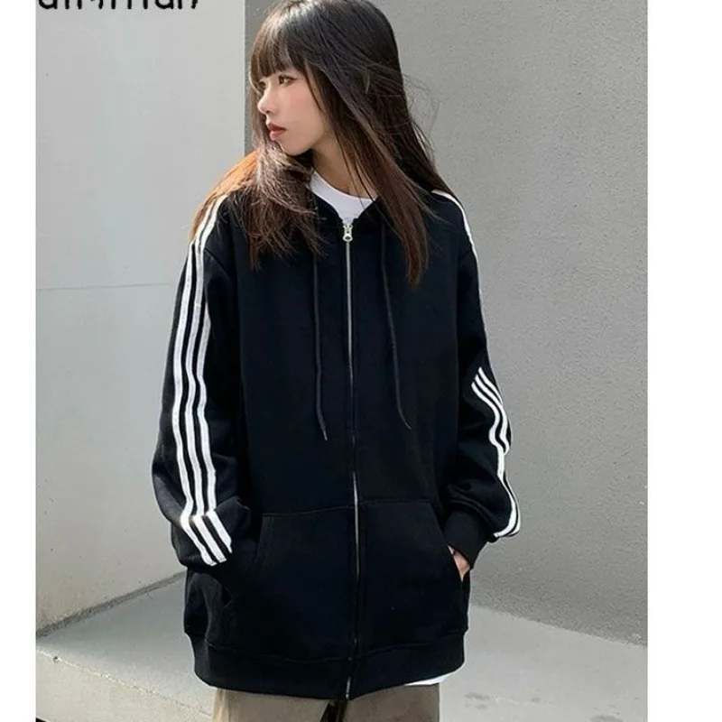 2024 New Spring Autumn Striped Commuting Hooded Coat Women Casual Fashion Comfortable Outwear Retro Loose Oversize Jacket Top