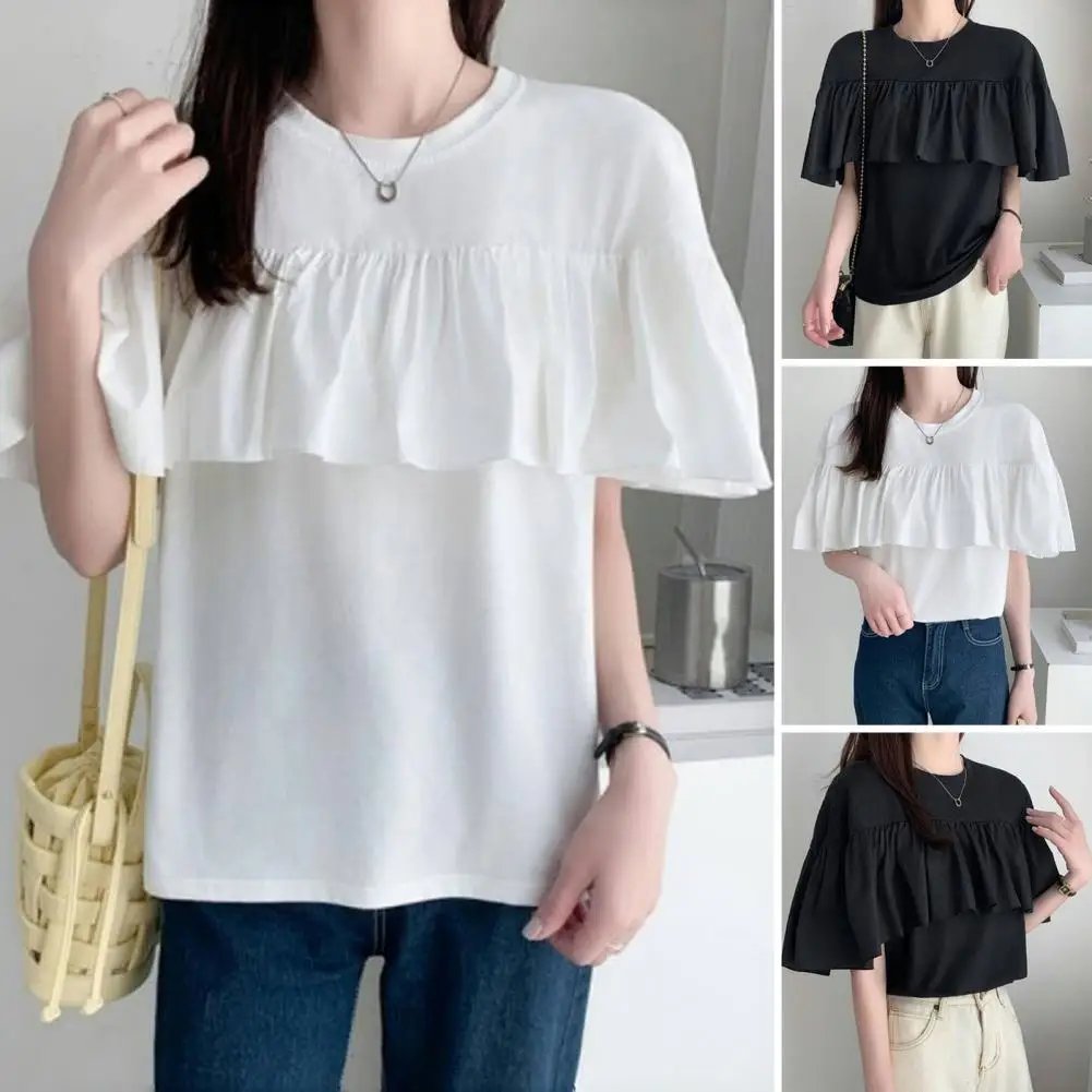 

Футболка женская летняя с круглым вырезом, стильная коллекция, топ с коротким рукавом, асимметричная комбинированная рубашка с оборками, уличная одежда