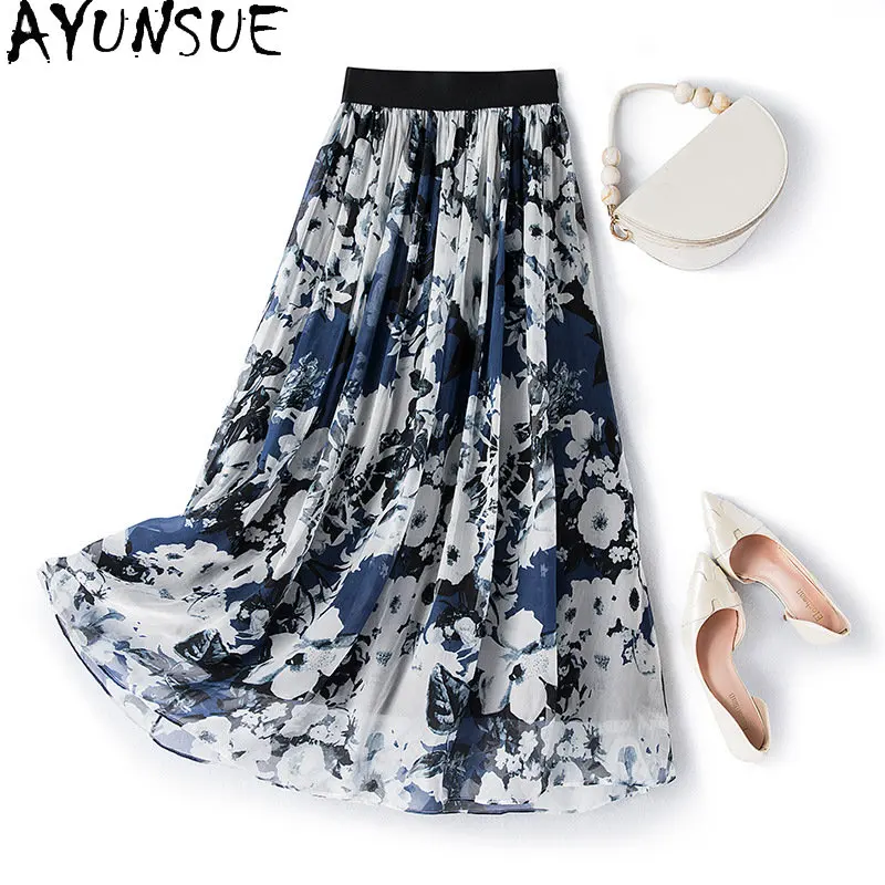 

95% Mulberry Real Silk Skirt Long Pleated Skirt for Women New Summer Floral Slim Elastic Waist Skirt Women's Clothing Jupe Femme