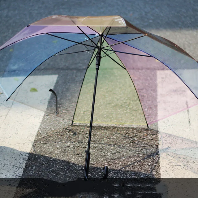 Átlátszó Tiszta Színű Esernyő Kreatív Szivárványos Gyerekek Kis Friss Hosszú Fogantyú Automatikus Esős Lézer - Image 3