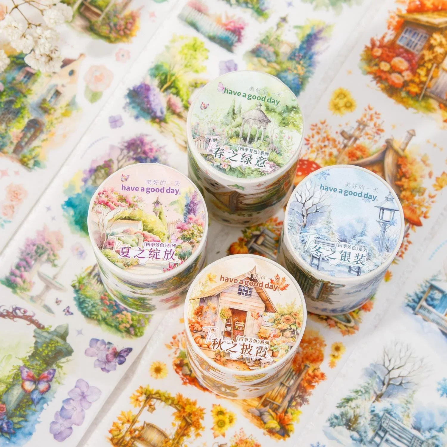 1roll Washi Tape Four Seasons Scenery Beautiful Day Fairy Cabin Forest Scrapbook DIY Decorative Washi Paper Sticker 2