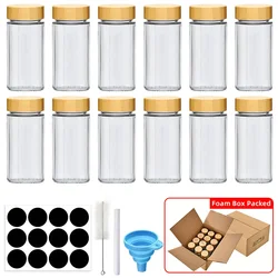 Set of 12 Glass Spice Jars with Bamboo Lids and Minimalist Labels, Includes Collapsible Funnel (12pcs)