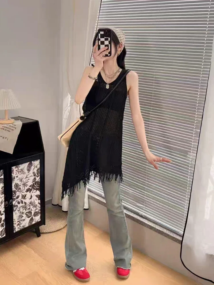 Fall New Fashion Fringed Hollow V-neck Knitted Vest Blouse Women's Loose Hollow Medium and Long Sleeveless Top