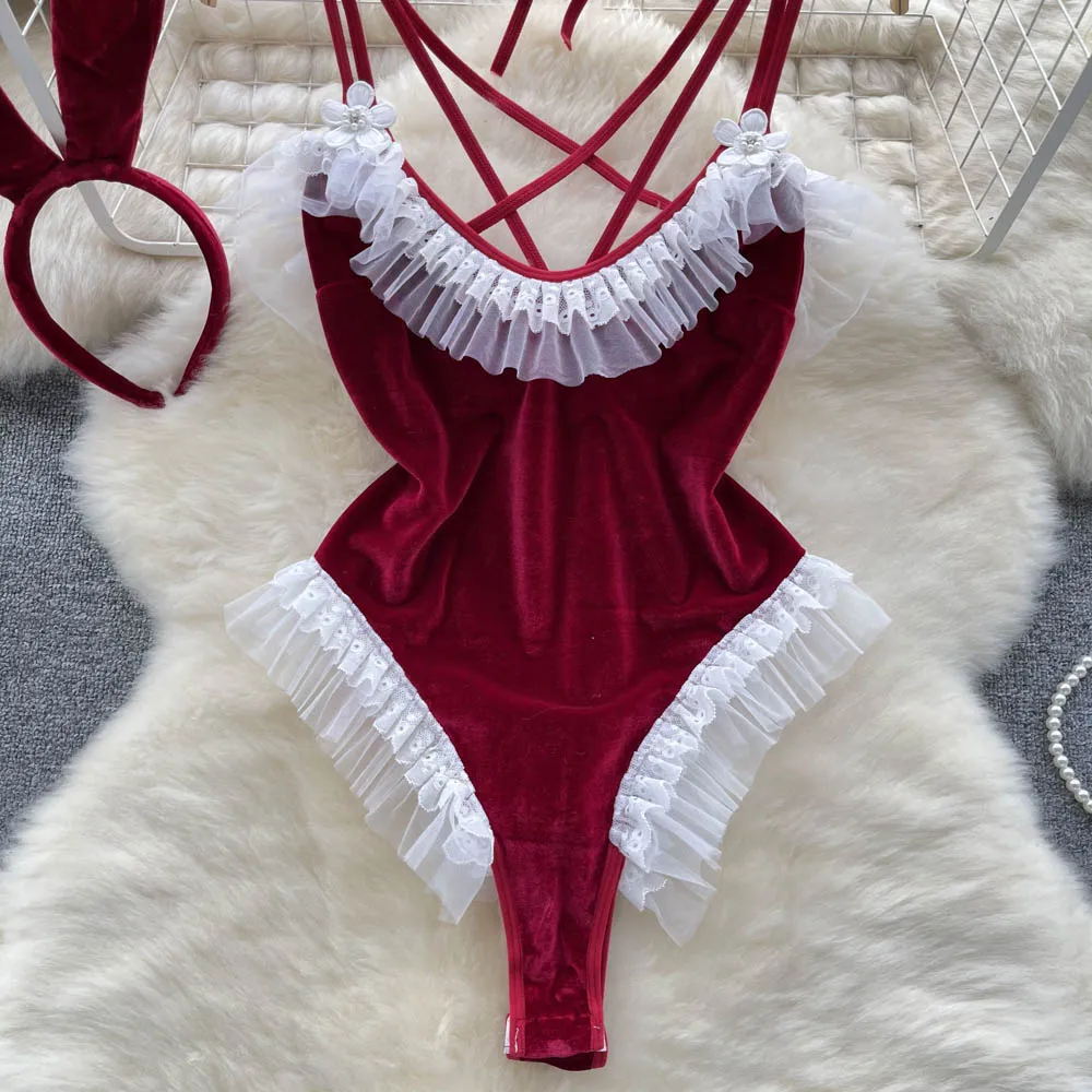Chillgio Frauen Velours Riemchen Bodys Mode Erotik Anzüge Bodycon rücken freie Kombination Cat suits sexy Spitze Patchwork Stram pler – Detail 6