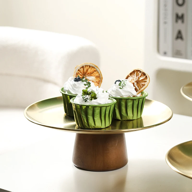 Stainless Steel Cake Tray Wooden Base Korean Style Fruit Display Plate Dessert Plate Dining Table Home Decoration Ornaments