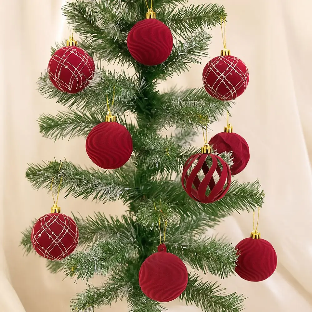 12pcs 6cm Christmas Hanging Ball Hand-Painted Flocking Velvet Spheres Pendant Plastic Wine Red Christmas Ball Ornaments New Year