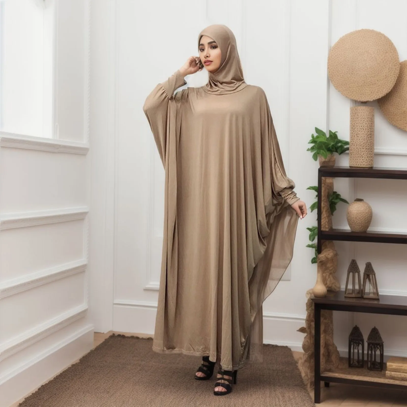 JuliaFashion - Women Solid Color Headgear Bat Cardigan Robes Ramadan Muslim Muslim Clothes Long Sleeve Cardigan Maxi Dress main image 1
