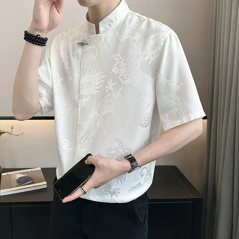 Vintage Harajuku Blouses Men Satin Shirt Dragon Totem Print Streetwear Button Up Short Sleeve Shirts Chinese Style Tops Unisex 3