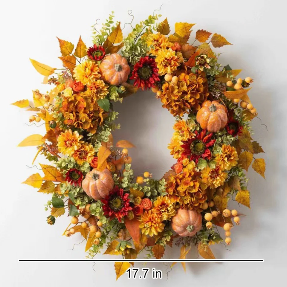 Ayprnig Autumn Wreath Halloween Wreath Fall Door Wreath 45cm Autumn Maple Pumpkin Wreath Berries Twigs Thanksgiving Decor Door Fall Wreaths Front Doo