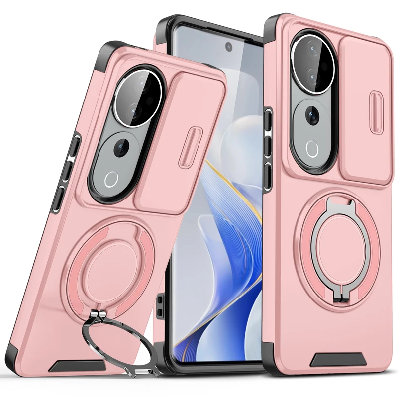 ELVEV Magnetic Shockproof Phone Case with Rotating Ring Bracket - Hard PC + Soft TPU