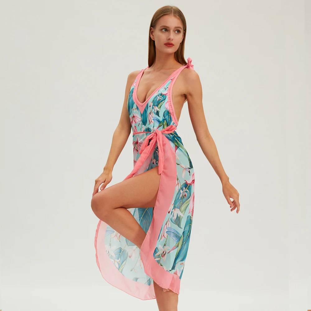 Women's Retro Bird Print Summer Beach Wear Deep V Gorgeous One-Piece Swimsuit Suit New Fashion 2024 Swimwear
