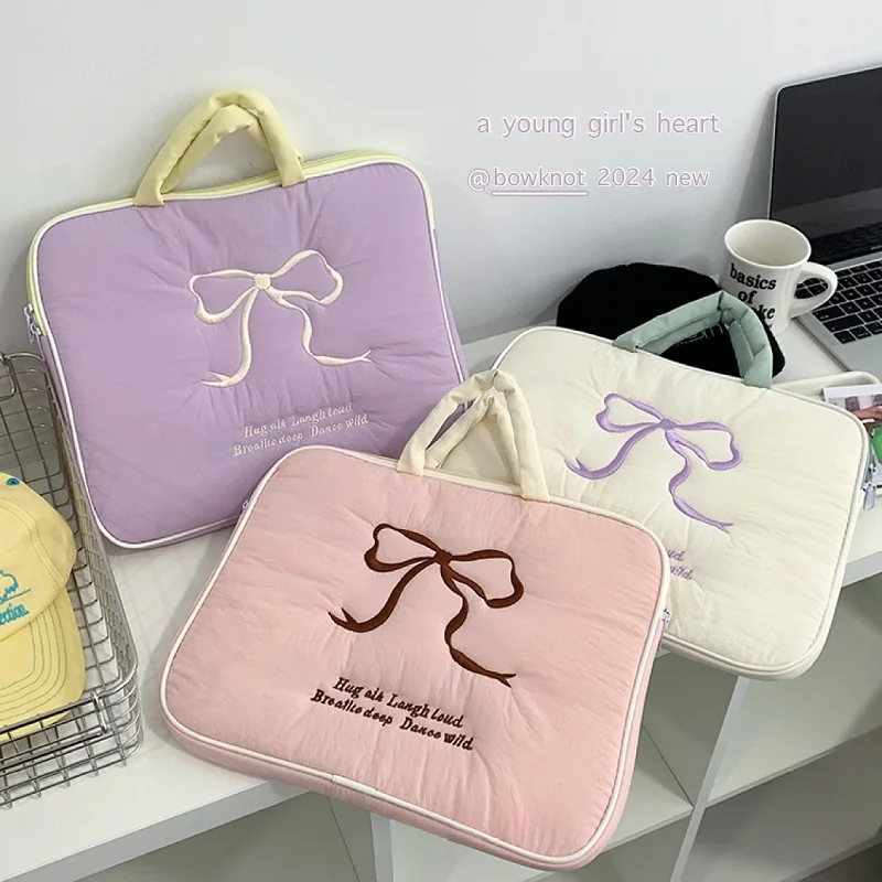 Chic Embroidered Bow Tablet and Laptop Handbag
