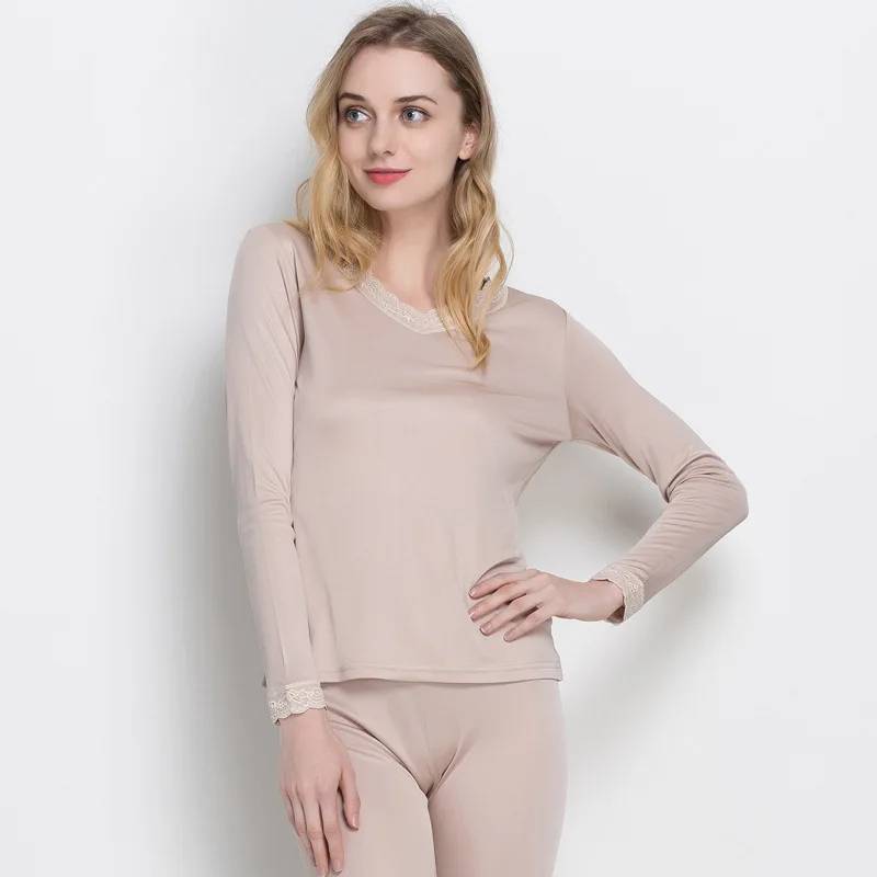 Women Long Johns Pure Silk Knit Double Jersey Lace V Neckline Long Johns Set Thermal Underwear Set Size M L XL XXL