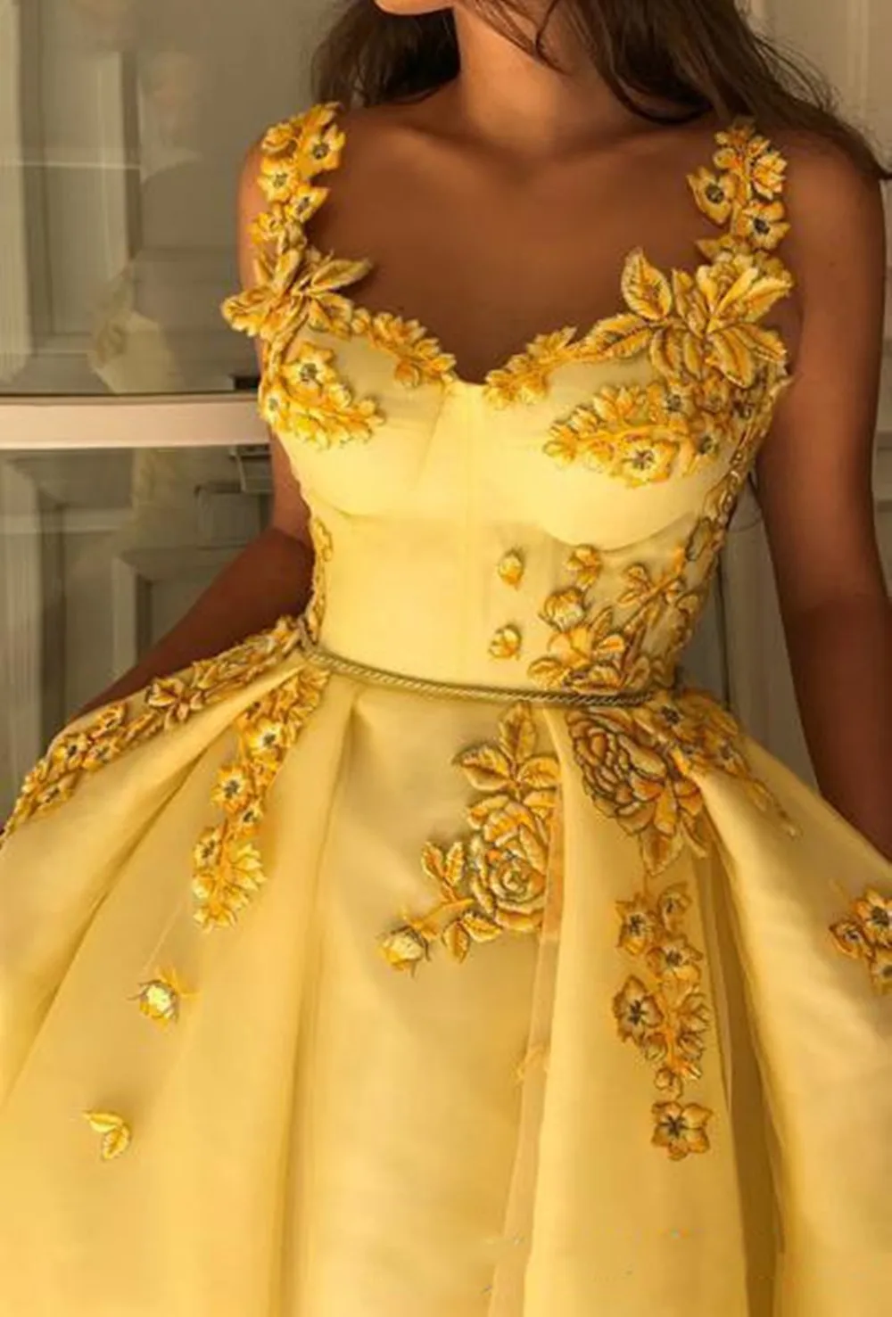 A Line V Neck Open Back Yellow Lace Tulle Long Prom Dresses with Appli —  Bridelily