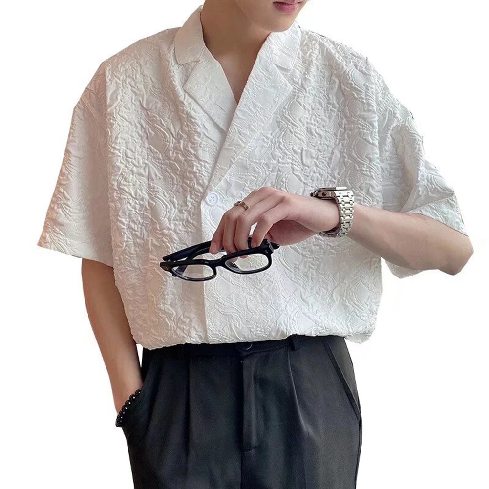 

Top Shirt Casual Lapel M-3XL Men Polyester Relief Pattern Shirt Short Sleeve Solid Color Summer Top Daily Fashion