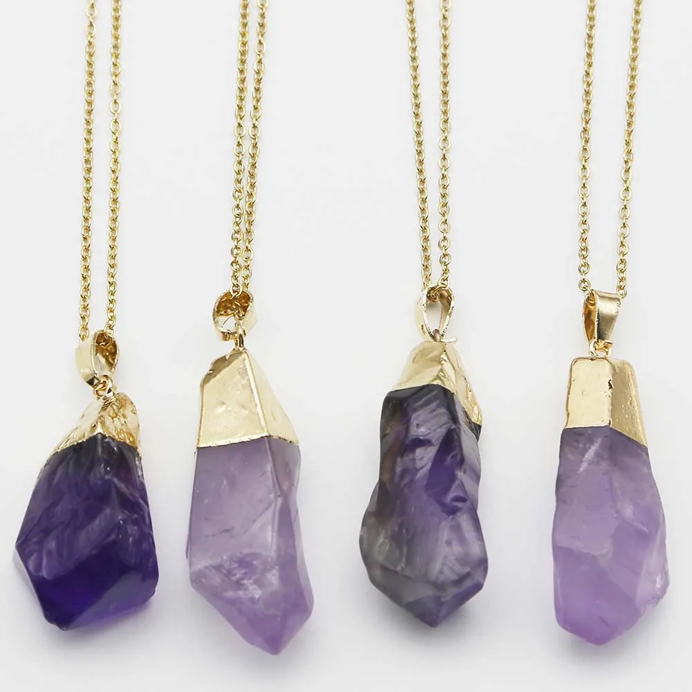 

New Natural Stone Amethyst Stainless Steel Chain Necklace Irregular Purple Crystal Gold Plated Head Pendant Fashion Jewelry 6Pcs