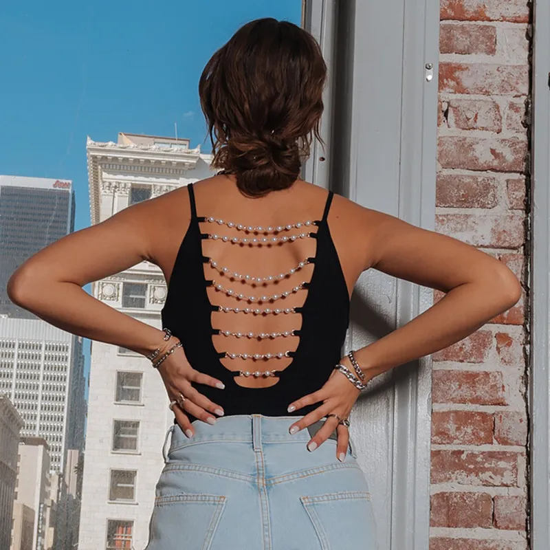Summer Fashion Short Rompers Overall 2021 Summer Women Black Sexy Strap Hollow Out Bodysuit Tops Bodycon Pearl Chain Backless