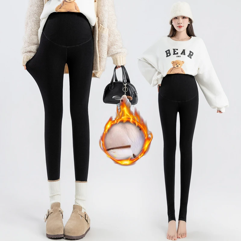 Winter Plus Size Maternity Leggings Thick Warm Pregnant Woman Full Ankle Length Leggings Cartoon Fleece Inside Belly Pants -30℃