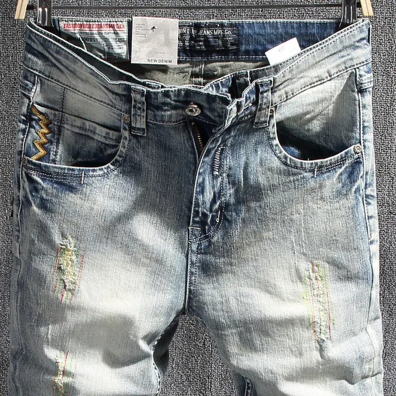 Fashion Designer Men Jeans Retro Light Blue Stretch Slim Fit Ripped Jeans Men Korean Style Embroidery Vintage Casual Denim Pants
