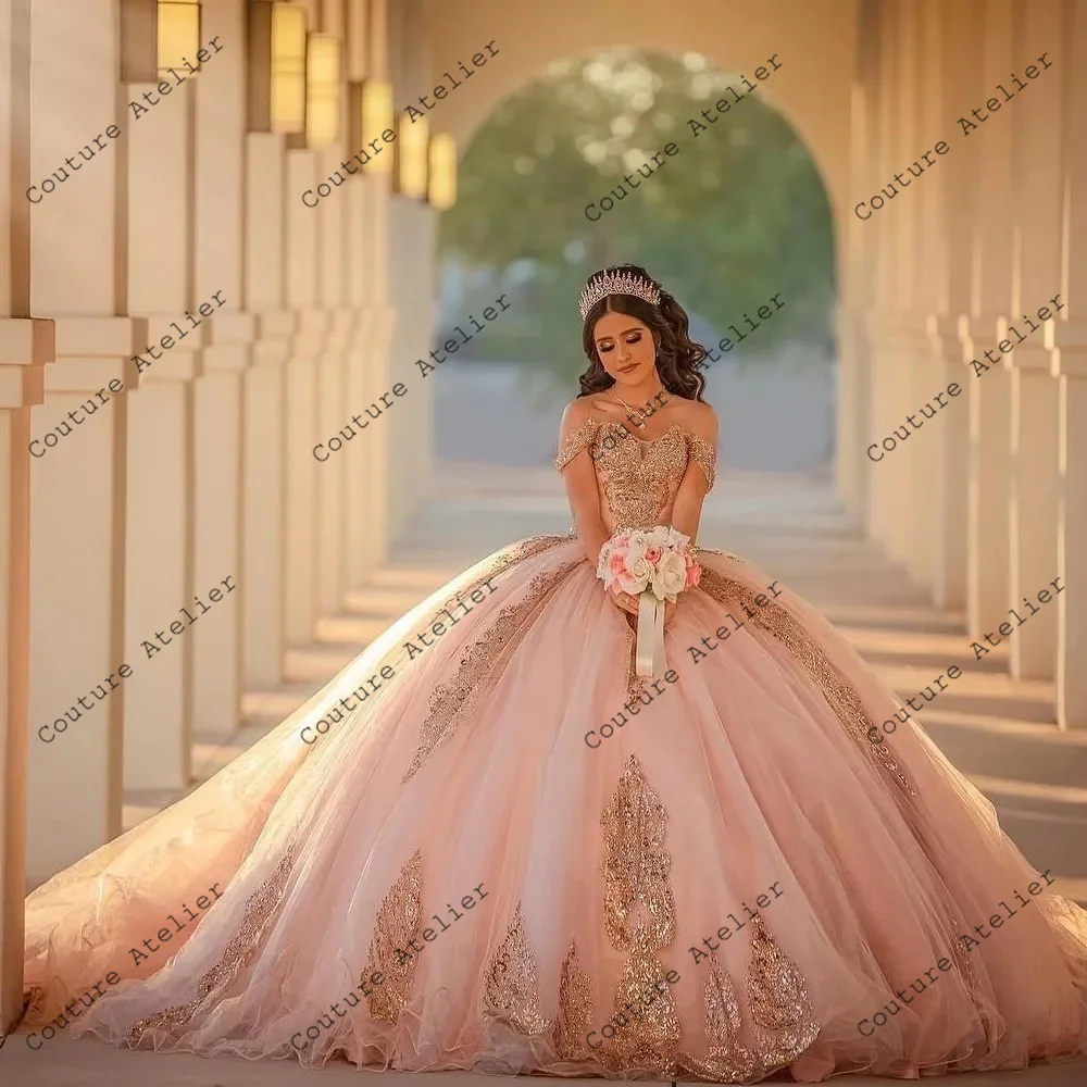 Pink Quinceanera Dresses Sweetheart Off Shoulder Princess Sweet 16 Years Old Birthday Prom Party Gown Backless Customized
