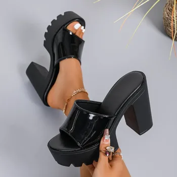 Square Heel Platform Mules Women Outdoor Slippers Peep Toe Slip On Sandals Chunky Heel Shoes Slingback 1