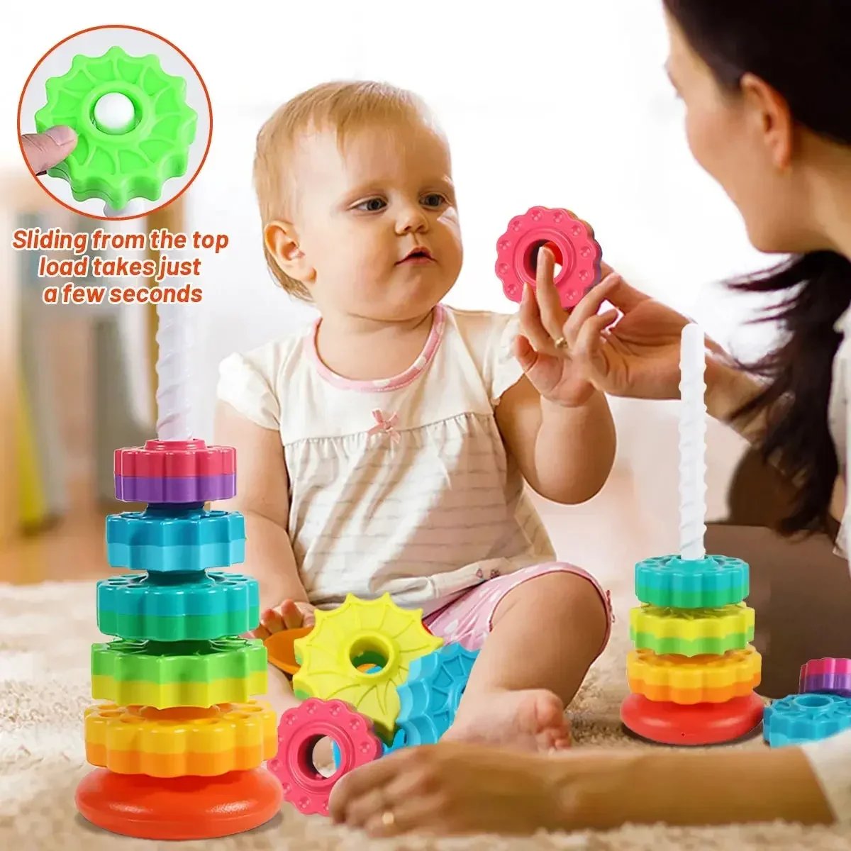 Baby Stackable Tower Rotating Rainbow Tower Montessori Educational Toys for Kids Toddler Toys Baby Development Toys Games Toy 3