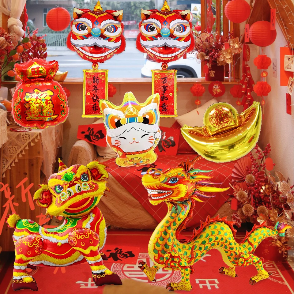 Chinese New Year Aluminum Foil Balloon Dragon Dance Lucky Cat Lucky Word  Lunar New Year Chinatown Party Decoration Toys For Kids - AliExpress, image size:960x960