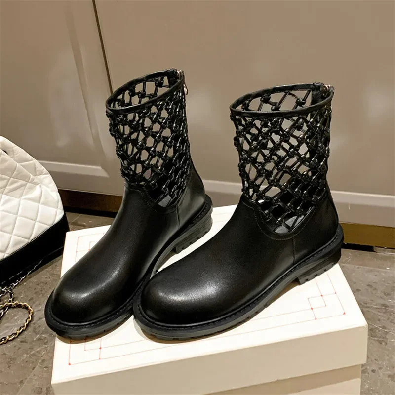 

New Spring Autumn Women Boot Round Toe Platform Shoes Split Leather Hollowed Out Short Boots for Women Handmade Mid-calf Boots