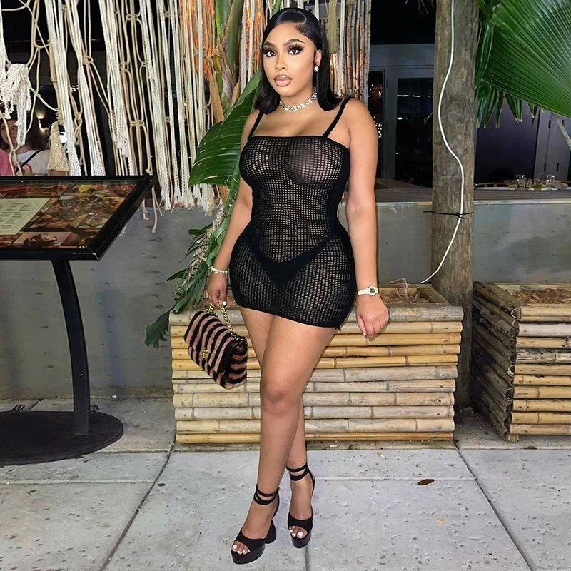 

2022 New Black Mini Dress Women's Fashion Sexy Tight Mesh Hollow Out See-through Dress Summer Nightclub Party Clothing