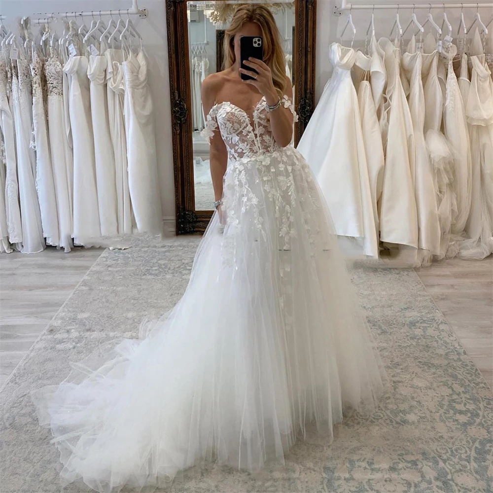 

Boho Lace Wedding Dresses V-Neck Appliques A-Line Off Shoulder Tulle Bridal Gowns Princess Cutomize To Measures Robe De Mariee